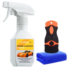 Adhesive Remover, Dissolve & Soften Adhesives on Car Glass & Paint, Remove Glue, Sticker, Label, Decal & Tape Residue, Portable Spray Set with Scraper, Spatula & Towel - 8.45oz/250ML