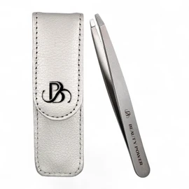 Beauty Power Professional Tweezers in Case - Slant, Durable Lightweight German Stainless Steel, Ultra Precision Tweezers for Eyebrows, Facial Hair, Chin, and Ingrown Hair Removal - Gift (Matte Grey)