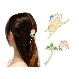 Yonchic 3-Piece Floral Metal Hair Clips, Butterfly Chinese Rose Hair Claw for Thin/Medium Thick Hair Claws, Elegant Barrettes Strong Hold Hair Clamps Non Slip Cute Hair Catch Clip Accessories