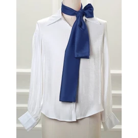 sourcing map Women's Silk Plain Long Narrow Scarves Waist Bands Neckerchief, navy blue