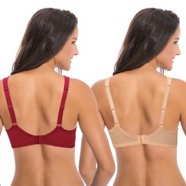 Curve Muse Women's Plus Size Unlined Underwire Lace Bra with Cushion Straps-2PK-Dark Red,Nude-38DD
