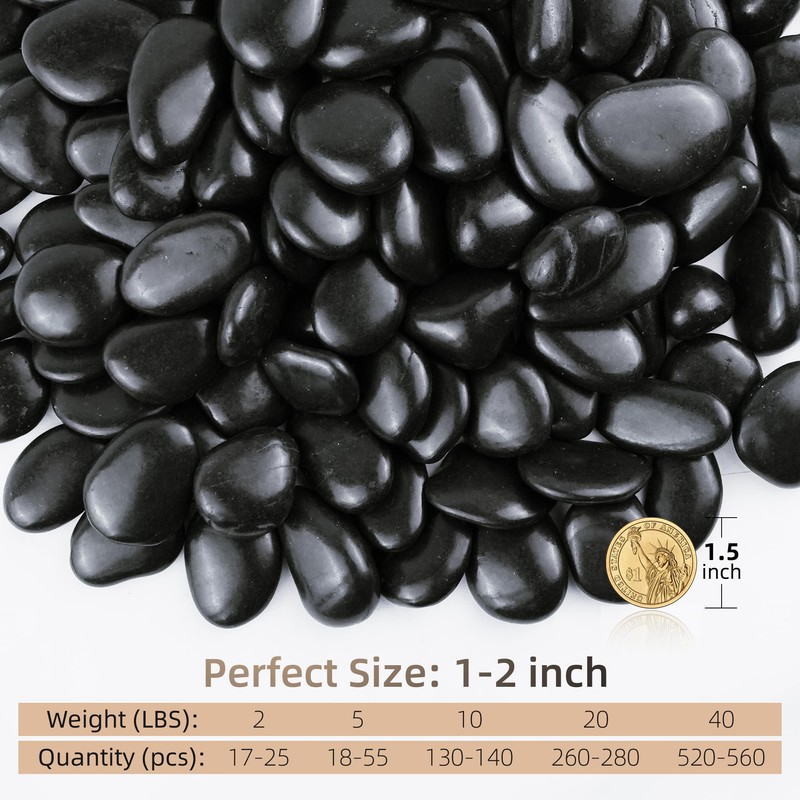 FINIKIS 2lbs Black Pebbles for Indoor Plants, 1-2Inch Natural River