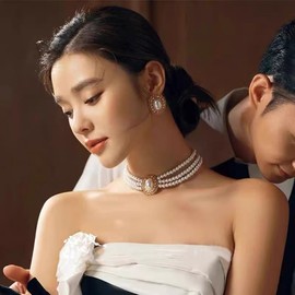 Aleasha White Pearl Jewellery Set Gold Pearl Choker Multi Layer Large Pearl Necklace 3 Row Pearl Necklace Faux Pearl Necklace Earring Set Women Wedding Bridal