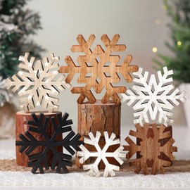 Yuntau 6 Pcs Christmas Table Decoration Wooden Farmhouse Table Centerpieces Rustic Christmas Tree House Elk Angel Snowflake Wooden Sign Block Tiered Tray Decor for Xmas Gifts Decoration(Snowflake)
