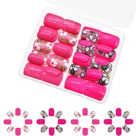 2 Packs 48Pcs Flowers Press on Nails Short Square Fake Nails Pink Floral False Nails Squoval Artificial Acrylic Nails with Design Glossy Glue on Nails Press ons for Women Girls Spring Manicure Set