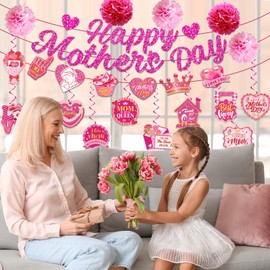 Mothers Day Decorations for Party, Happy Mothers Day Banner,Hanging Swirls and Paper Pom Poms Flowers,Glitter Pink Mother's Day Banner for Mother's Day Party Decorations