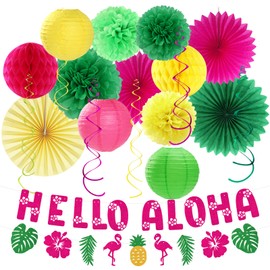 Hawaiian Aloha-Luau Flamingo Party-Decorations Supplies - 21pcs Hello Banner,Pool Paper Lanterns Honeycomb,Beach Theme Streamers Garland,Tissue Pom Poms Flowers Fan,Tropical Summer Tiki Decor Burgleda