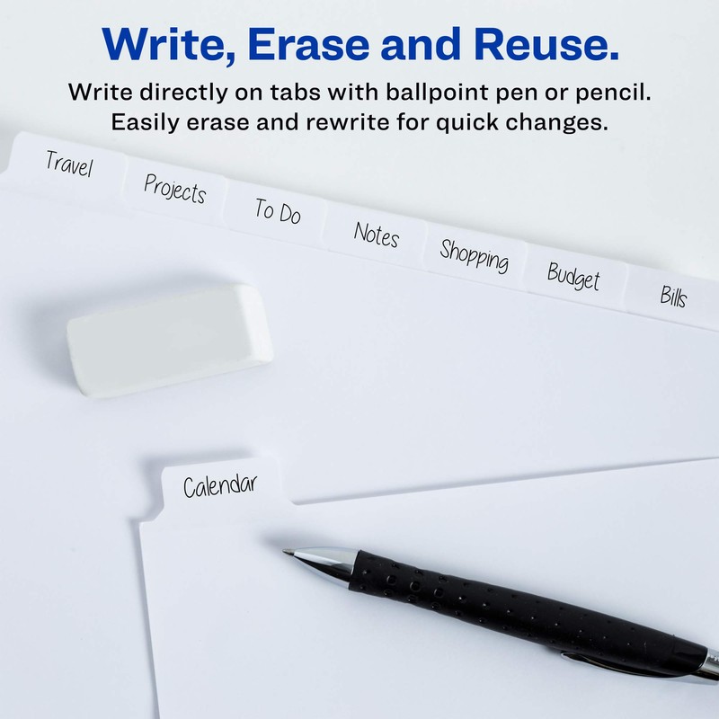 Avery 8-Tab Binder Dividers, Write & Erase White Big Tabs,