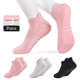 3 Pairs Pilates Grip Socks, Non Slip Yoga Socks for Women, Anti-Skid Grip Socks Breathable Cotton Socks for Yoga, Barre, Dance, Barefoot, Workout, Pregnant, Fitness and Ballet