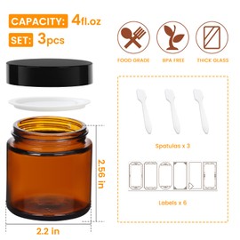 Mcupper 3 Pack 4 oz Amber Glass Jars with Lids, Cosmetic Jars with Black Lids, Glass Lotion Containers, Candle Making Containers for Lotions, Scrubs and Cosmetic, Lables and Spatulas Include