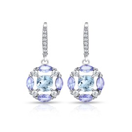 Sterling Silver Blue Topaz, Amethyst and White Topaz Circle Dangle Leverback Earrings