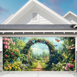 Spring Forest Scenery and Flower Garage Door Banner - 71"x157" Polyester Mural, Perfect for Outdoor & Indoor Decor, Holiday & Party Background 6 x 13 ft