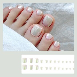 Short Square Press on Toenails Pearl Color Fake Toenails Sets with Cute Solid Color Glossy Designs Aurora White False Toe Nails Stick on Toe Full Cover Reusable Artificial Toenail for Women 24Pcs