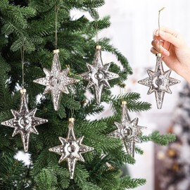 Leinuosen 6 Pcs Christmas Glitter Glass Star of Bethlehem 5 x 4 Inch Blown Glass Decorative Hanging Ornaments for Christmas Tree Xmas Party Decorations Holiday(Silver)