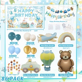 Birthday Decorations Boy, Happy Birthday Balloons Set with Vintage Blue White Sand Chrome Gold Balloons, Boho Matte Bear Foil Balloons, Birthday Backdrop, Happy Birthday Banner for Birthday Boy Girl