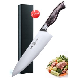 AMSZL LOONG 8 inch Chef Knife, 9Cr18MoV High Carbon Steel Kitchen Knife, Ultra Sharp & Durable, Ergonomic Brown PakkaWood Handle