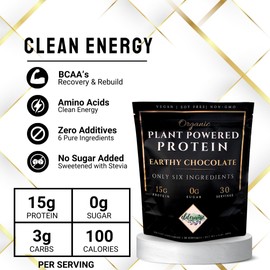 Plant Based Protein Powder - Earthy Chocolate - Only 6 ingredients - 0g Sugar - Vegan Protein Powder - 30 Servings - No Natural Flavors - No Artifical ingredients - Clean Plant Protien
