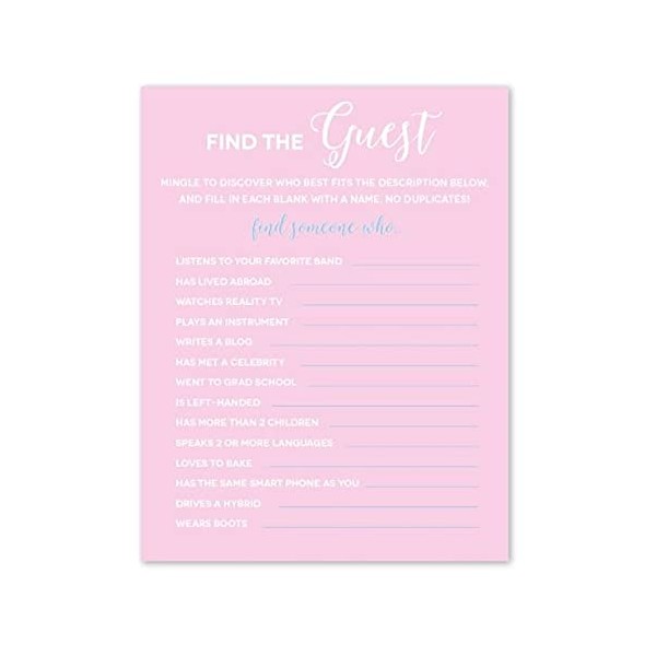 Andaz Press Signature Pink and Blue Gender Reveal Baby Shower Party Collection, Find the Guest Who Game Activity Cards, 20-Pack