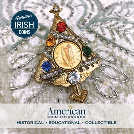Brooch Irish Half Penny Coin Jewelry- Christmas Tree Pin- Goldtone Bezel-Minted in Ireland Featuring Harp Side