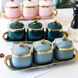 Set of 3 Porcelain Condiment Jar Spice Container with Lids, Ceramic Sugar Bowls Condiment Pots Spice Jars Seasoning Box Set, Best Spice jar for Your Home, Kitchen, Counter (White suit)