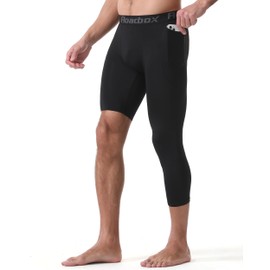 Roadbox Men's One Leg Compression Pants 3/4 Basketball Football Tights Leggings with Pockets, Capri Sports Athletic Underwear