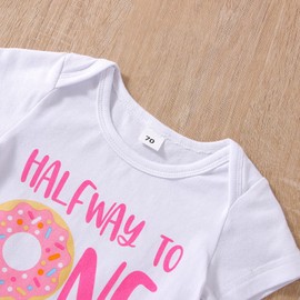 Lamuusaa Infant Baby Girls Birthday Outfits Halfway To One Romper Shirts Doughnut Shorts/Flared Pants Headband Set