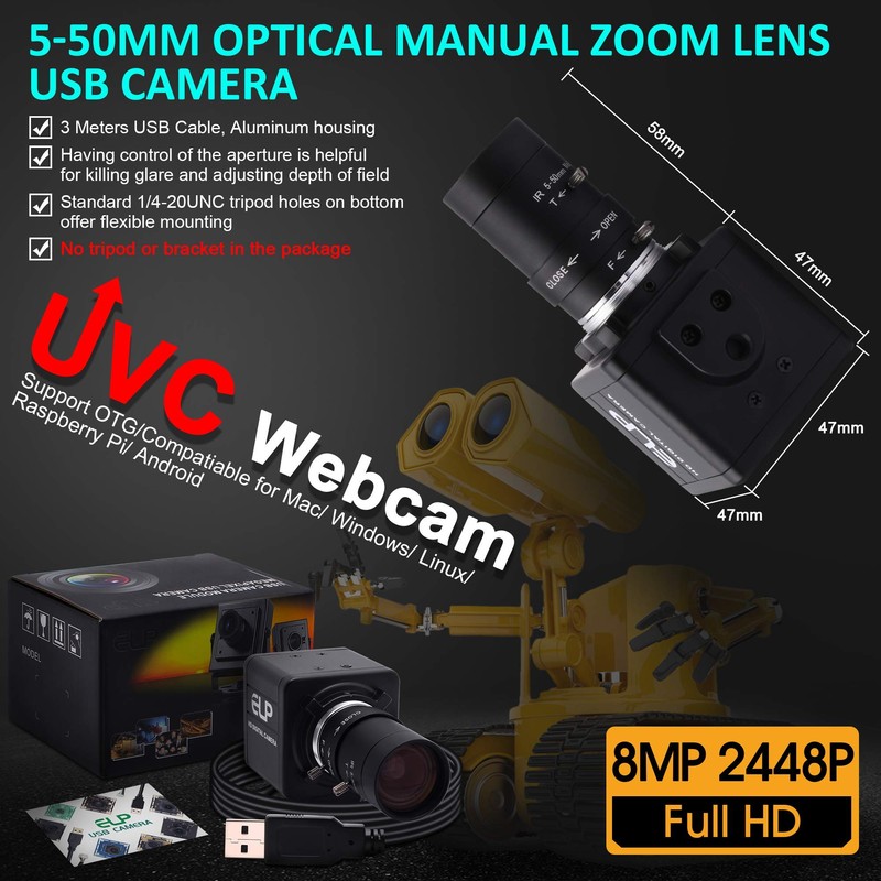 ELP USB Camera 8MP 10X Optical Zoom Webcam 5-50mm Varifocal