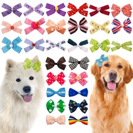 JpGdn 50Pcs/25Pairs 3'' 4" Big Dog Hair Bows with Elastic Rubber Band for Medium Large Dogs Doggie Rhinestone Floral Bowknot Topknot Rabbits Girl Boy Pink Blue Grooming Hair Accessories