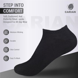 CARIAN Low-Cut Socks, 12 Pairs, Moisture-Wicking Cushioned, Black/Grey/White, Unisex Size, US Women 5–9 / US Men 3.5–7.5, EU 35–40