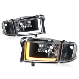 PM PERFORMOTOR Switchback L-Shape LED Headlights+Side Marker Lights Compatible with 94-02 Dodge Ram 1500 2500 3500,Black/Clear