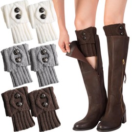 Mount Kumgang 3 Pairs Women's Knitted Leg Warmers, Knitted Leg Warmers, Warm, Slouch Button Design, Short Ankle Warmers, for Women - White, Coffee, Grey, White, Coffee, Grey