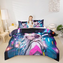 Erosebridal Anime Girl Full Bedding Set,Japanese Style 3D Anime Comforter Set for Kids Girls Boys Room Decor,Sci Fi Style Gaming Quilt Bed Set Hot Pink Colorful Bed Comforter Set 3Pcs
