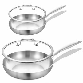 Inqibee 8.5-12 Inch Tri-Ply Stainless Steel Frying Pans Set with Lids,Skillets,Induction Cooking Pans,Pots and Pans Set,Dishwasher and Oven Safe,Detachable Handle