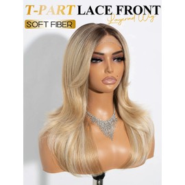 STYLE ICON 16 Inch Blonde Medium Layered Hair Wigs for Women HD Lace Front Synthetic Wigs with Curtain Bangs Pre Plucked Natural Hairline (MYTT1024613)