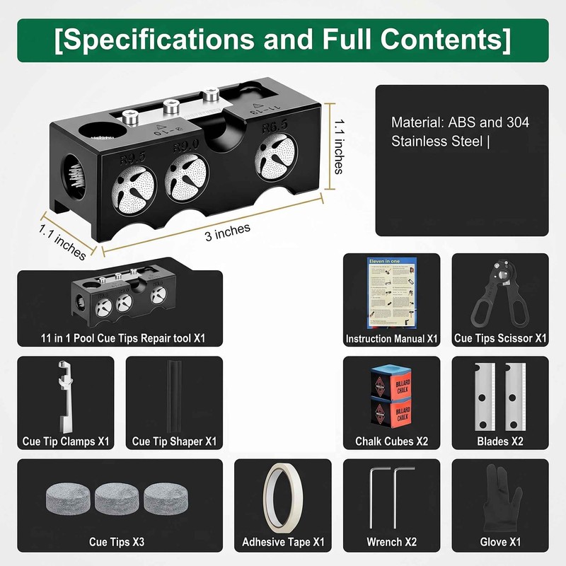 11-in-1 Billiards Stick Repair Tool Kit，Pool Cue Tips & Snooker