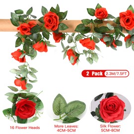 Criveple 2 Pack 7.2 ft Artificial Fake Rose Garland Vines Hanging Silk Flowers for Outdoor Indoor Wedding Wall Backdrop Garden Bathroom Decoration (Red)