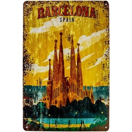 Historical Retro Vintage Tin Sign with Travel Motif, Holiday Decorative Sign, 30 x 20 cm (Spain, Barcelona, Sagrada Familia)