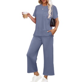 OFEEFAN Travel Outfits for Women Casual Summer 2 Piece Lounge Set Spring Trendy Short Sleeve Tracksuit Wide Leg Loungewear Beach Vacation Clothes Airport Clothing Women's Jumpsuit Blue XL