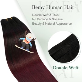 Ugeat Hair Extensions Real Human Hair Burgundy Sew in Hair Extensions Human Hair Black Ombre Burgundy Double Weft Hair Extensions for Women 14inch 80G