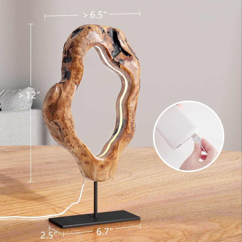 LAPTAIN LED Wood Table Lamp, Irregular Bedside Lamp with Dimmable,