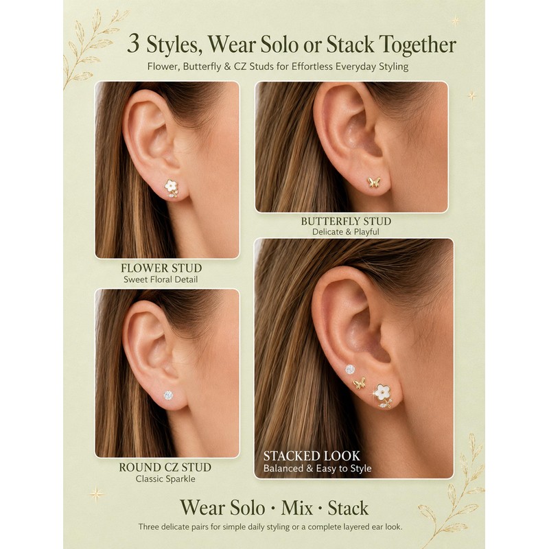 3 Pairs Gold Flower Butterfly CZ Stud Earrings with Silicone