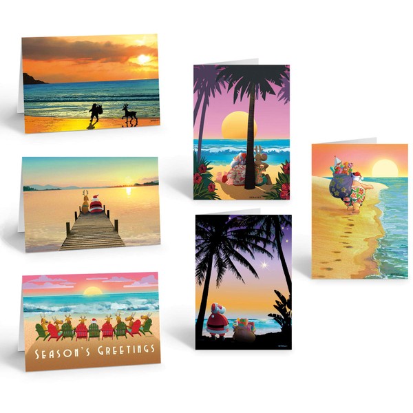 Stonehouse Collection Beach Christmas Card Variety Pack - 18 Cards & Envelopes - 6 Designs, 3 Cards Per Design - Holiday Sunsets - Tropical Christmas Cards