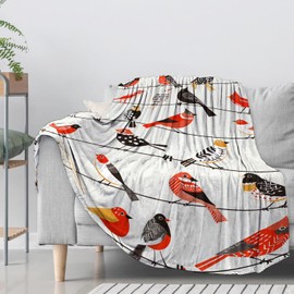 CUEBOS Cute Cartoon Bird Flannel Throw Blanket 50x60 Inch, Colorful Geometric Songbird on Wire Blankets Soft Cozy Fleece Throws for Nature Lover Bed Sofa Dorm Living Room Modern Decor Gifts
