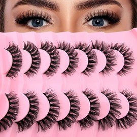 7 Pairs of 3D False Eyelashes, Cat Eye, Fluffy Volume, Curly, Cat-Eye, Artificial Eyelashes, Natural Look, Reusable, Handmade Faux Mink Makeup Eyelashes (7P-HR-Z19)