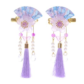 C-118-1 Purple Fan Shape Sakura Cherry Blossom Tassels Hair Clip Hair Clip Hair Clip Japanese Geisha Kimono China Hanfu Accessory