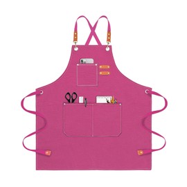 OUNLEN Chef Apron for Men Women Canvas Aprons with 3 Pockets Cross Back Resistant Work Apron for Cooking Grilling Baking BBQ Barber Kitchen (Pink)