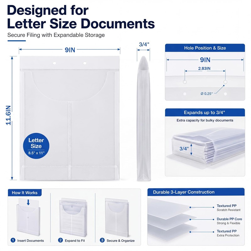 Tinlade 25 Pcs File Retention Jackets Clear Poly Letter Size