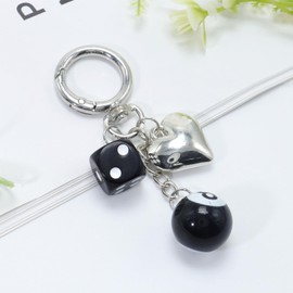 Atifober 8 Ball Dice Charm Keychain, Black Dice Handbag Charms Silver Metal Decorative Y2k Small Pendant Keychain Accessories with Love Heart Key Chain Jewelry Gifts
