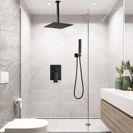 Heable Matte Black Shower System Bathroom 16 Inch Rain Shower Head Ceiling Mount with Handheld Luxury High Pressure Shower Combo Set Shower Faucet Rough-in Valve Body and Trim Included