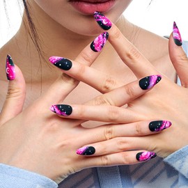 GLAMERMAID Black Press on Nails Medium Almond, Hot Pink Ombre Short Fake Nails Acrylic False Nail Kits Galaxy Star Design, Matte Stick Glue on Nails Sets, Oval Gel Nails Stiletto Full Cover for Women